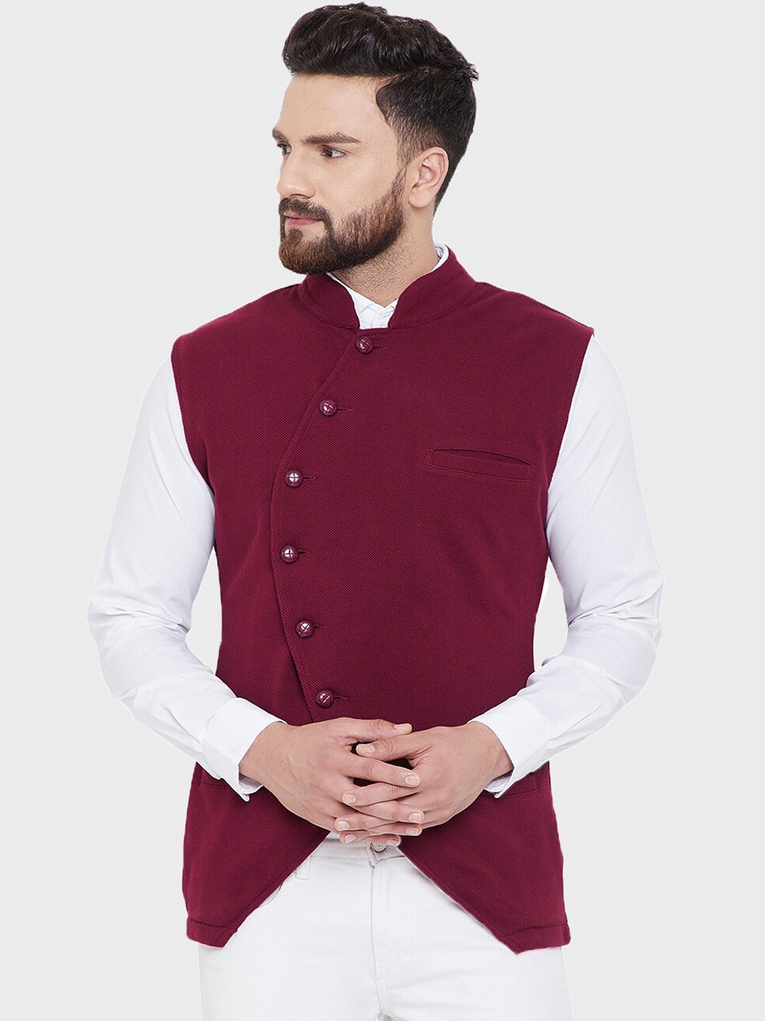 

Hypernation Men Maroon Solid Pure Cotton Waistcoat