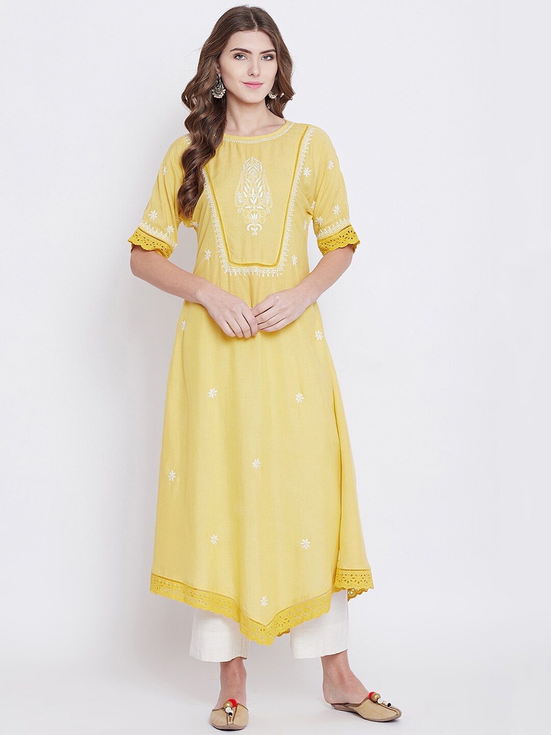 

The Kaftan Company Women Yellow Floral Embroidered Thread Work Kurta