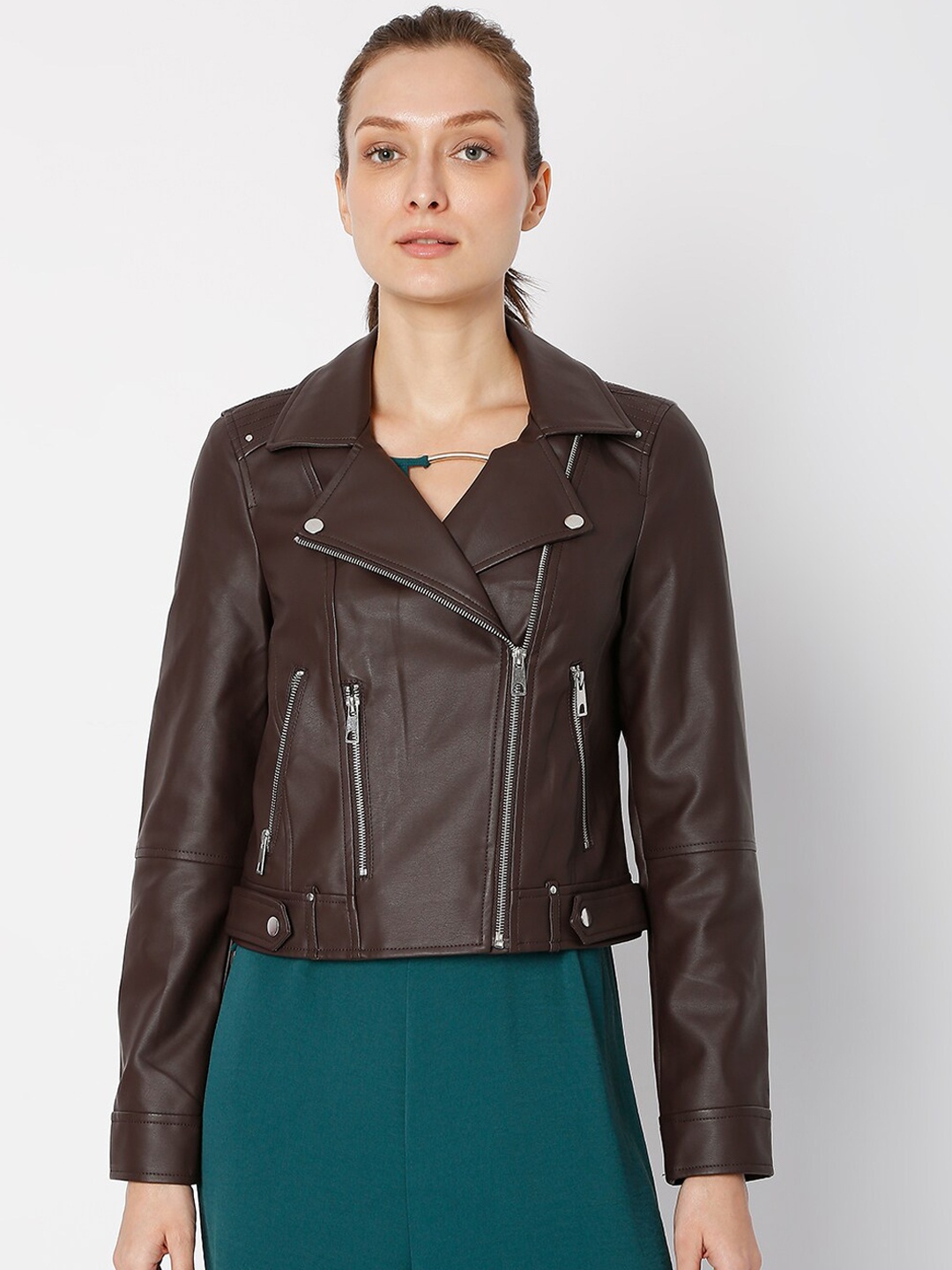 

Vero Moda Women Coffee Solid Crop Biker Jacket, Coffee brown