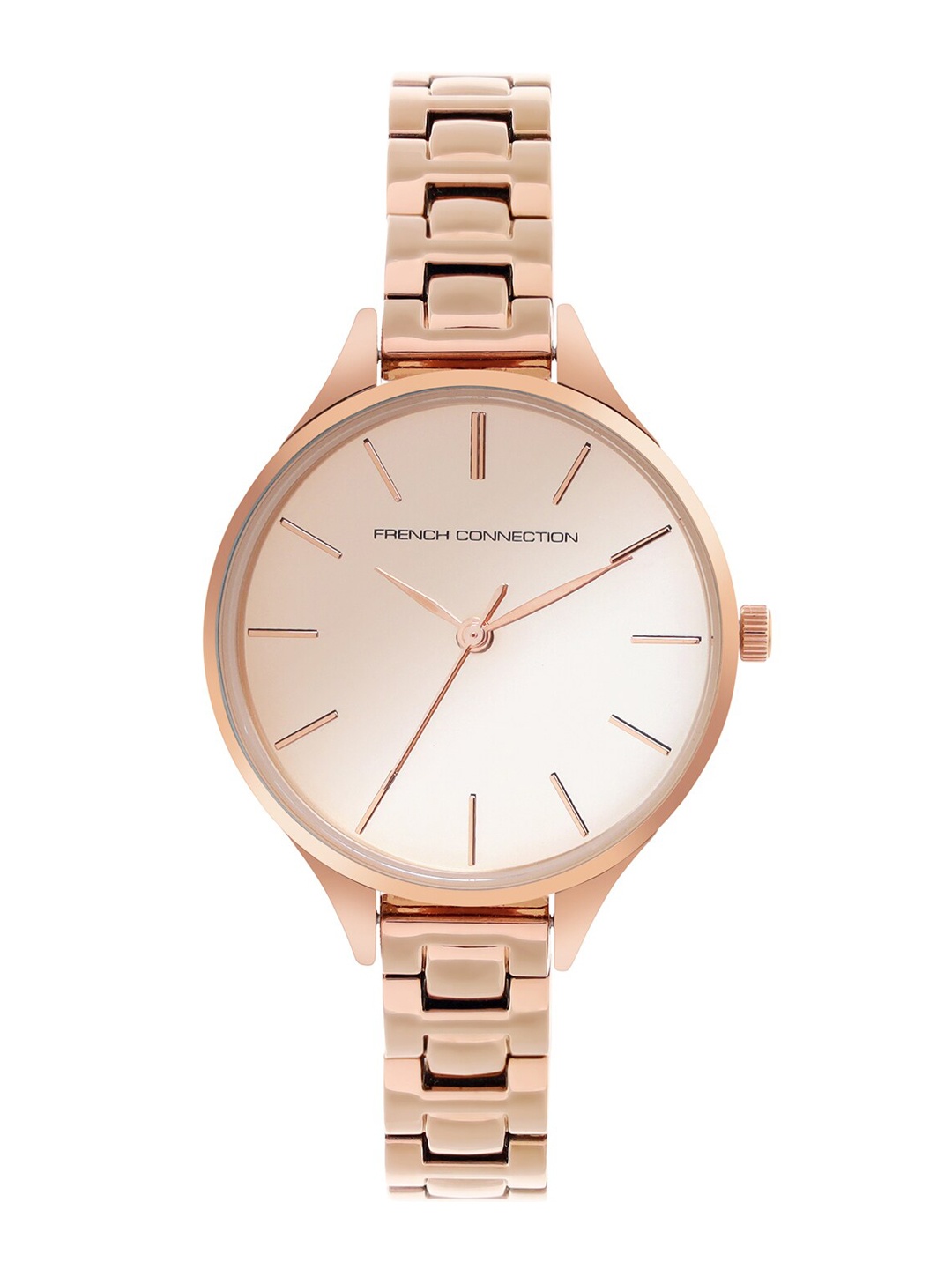 

French Connection Women Rose Gold-Toned Embellished Dial & Rose Gold Toned Stainless Steel Bracelet Style Watch