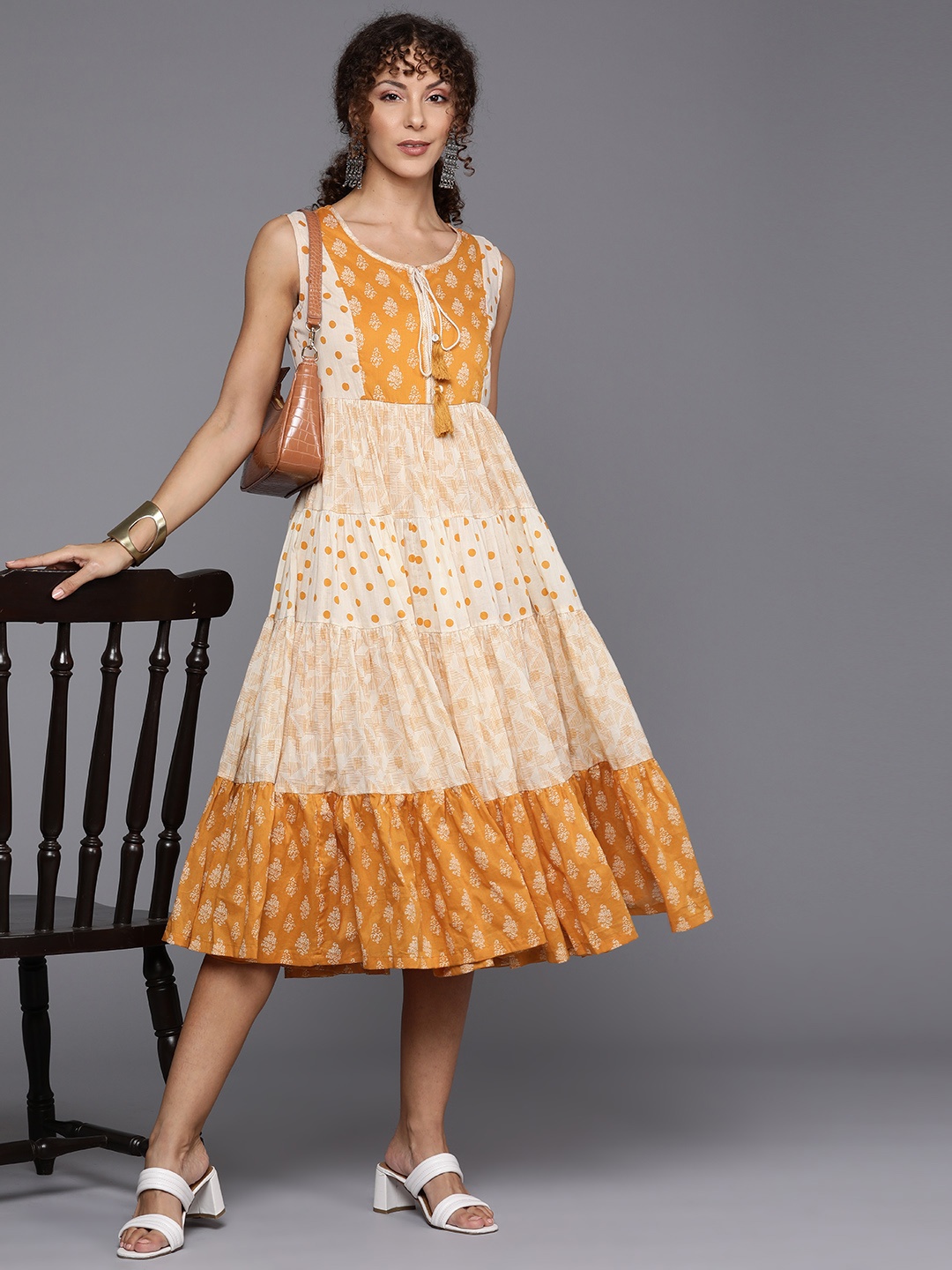 

Biba Women Geometric Print Pure Cotton Tiered A-line Midi Dress, Beige