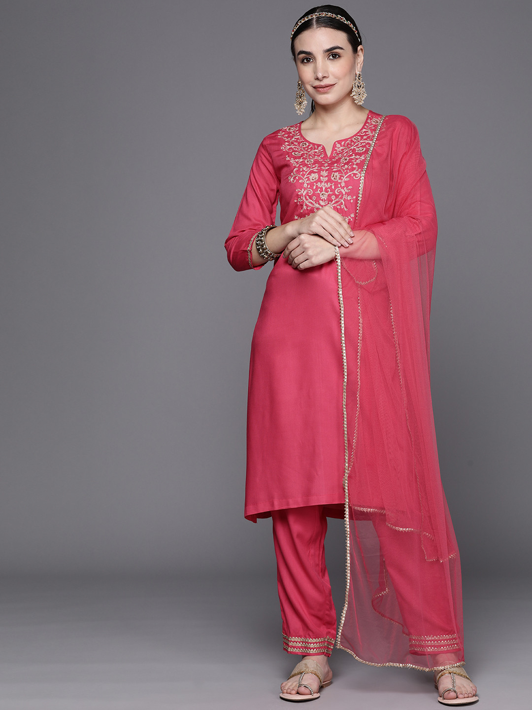 

Biba Women Floral Yoke Design Sequinned Kurta with Trousers & Dupatta, Pink
