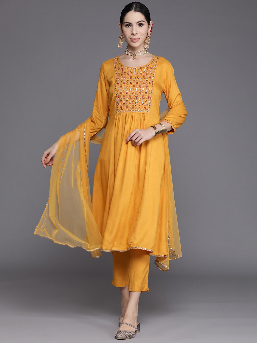 

Biba Women Mustard Yellow Embroidered Yoke Design Kurta with Trousers & Dupatta