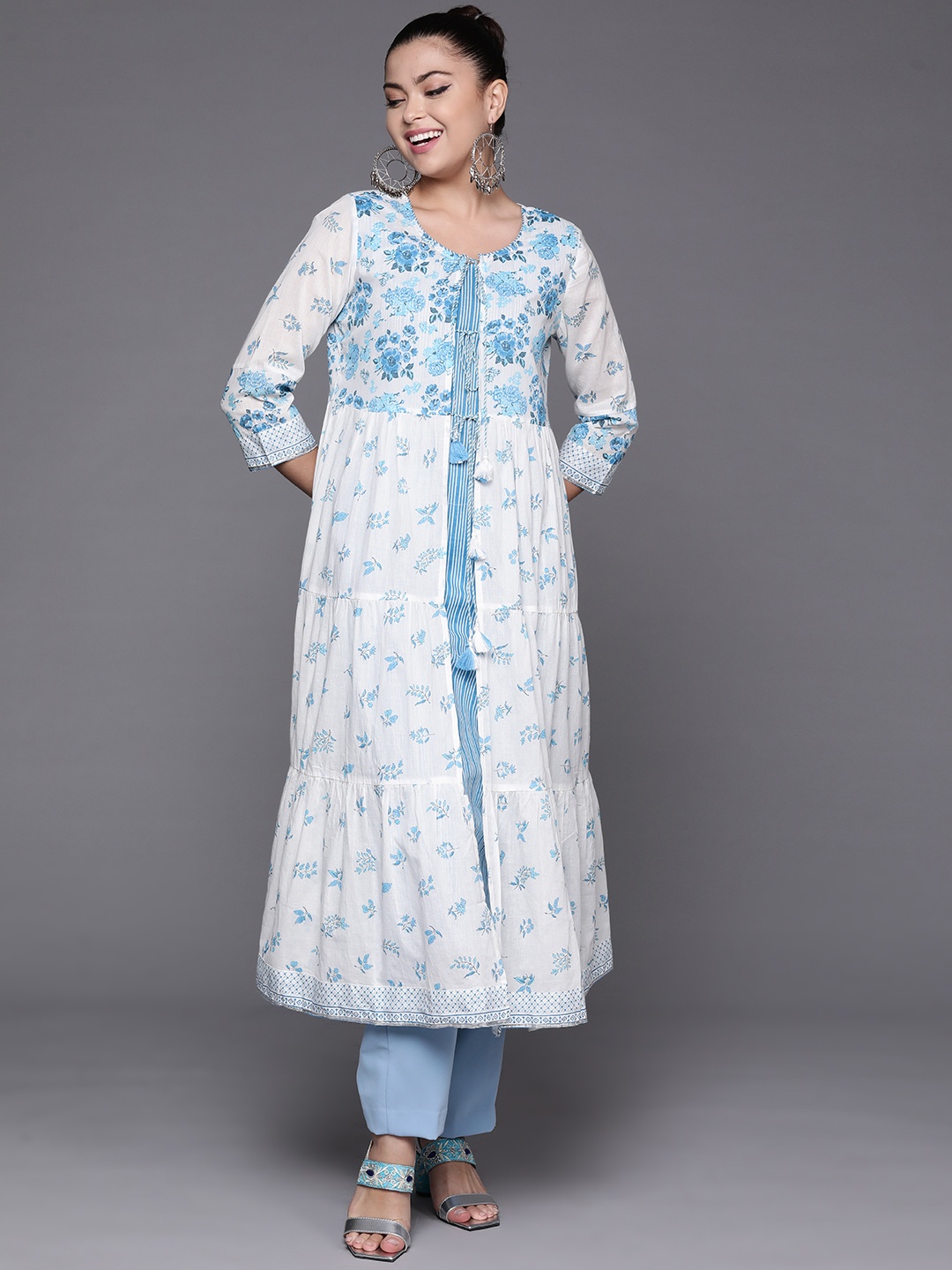 

Biba Women White & Blue Ethnic Motifs Printed Gotta Patti Kurta