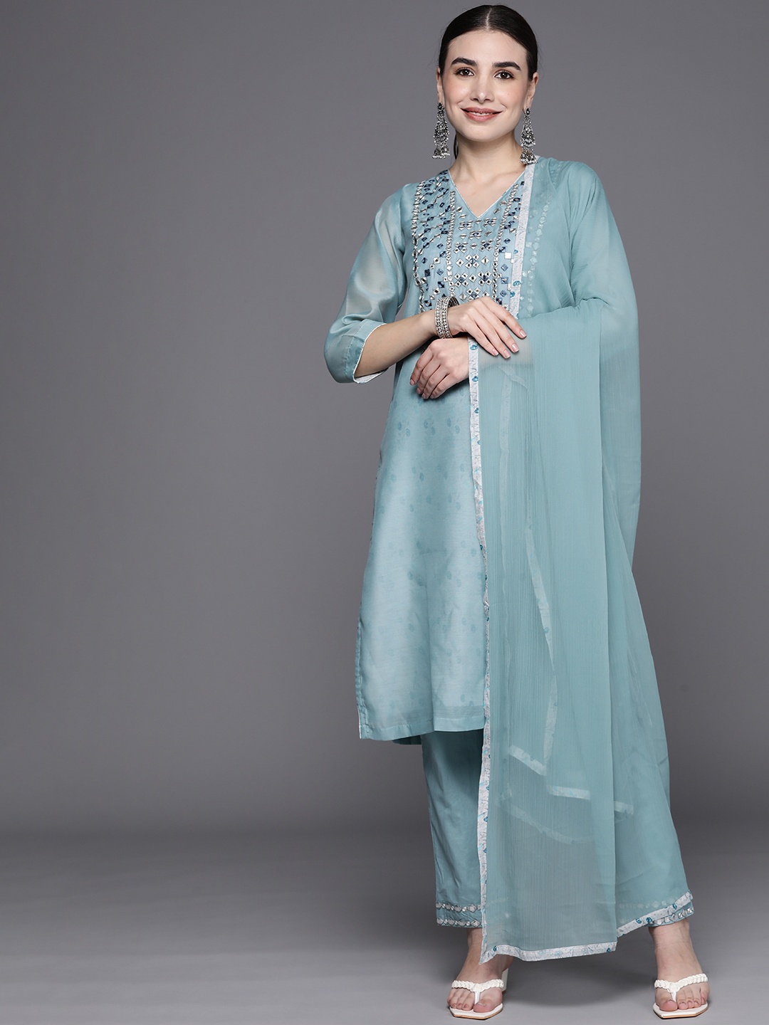 

Biba Women Blue Ethnic Motifs Yoke Design Kurta with Trousers & Dupatta