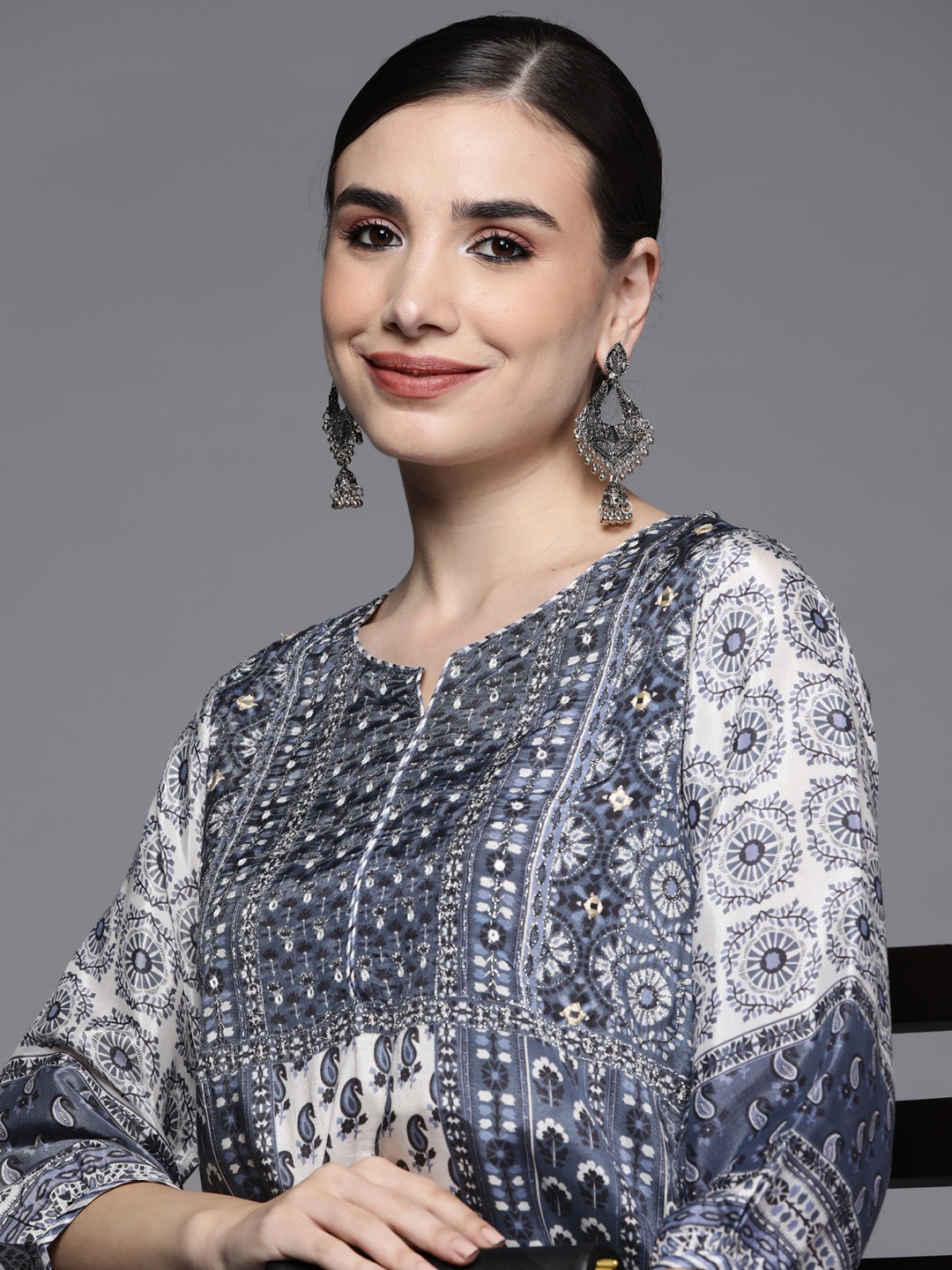 

Biba Women Blue & Off White Ethnic Motifs Printed Mirror Work Kurta