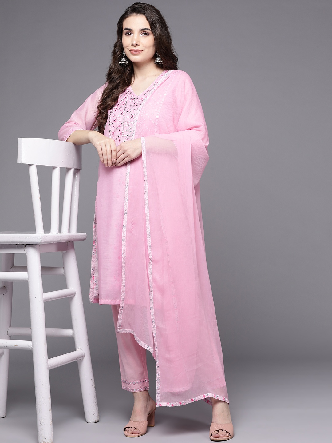 

Biba Women Pink Yoke Design Mirror Work Kurta with Trousers & Dupatta