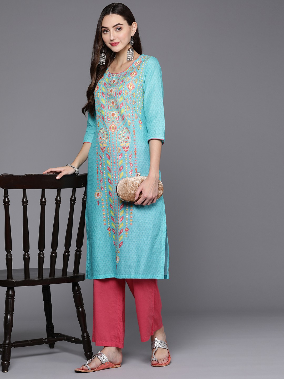 

Biba Women Pure Cotton Ethnic Motifs Printed Straight Kurta, Blue