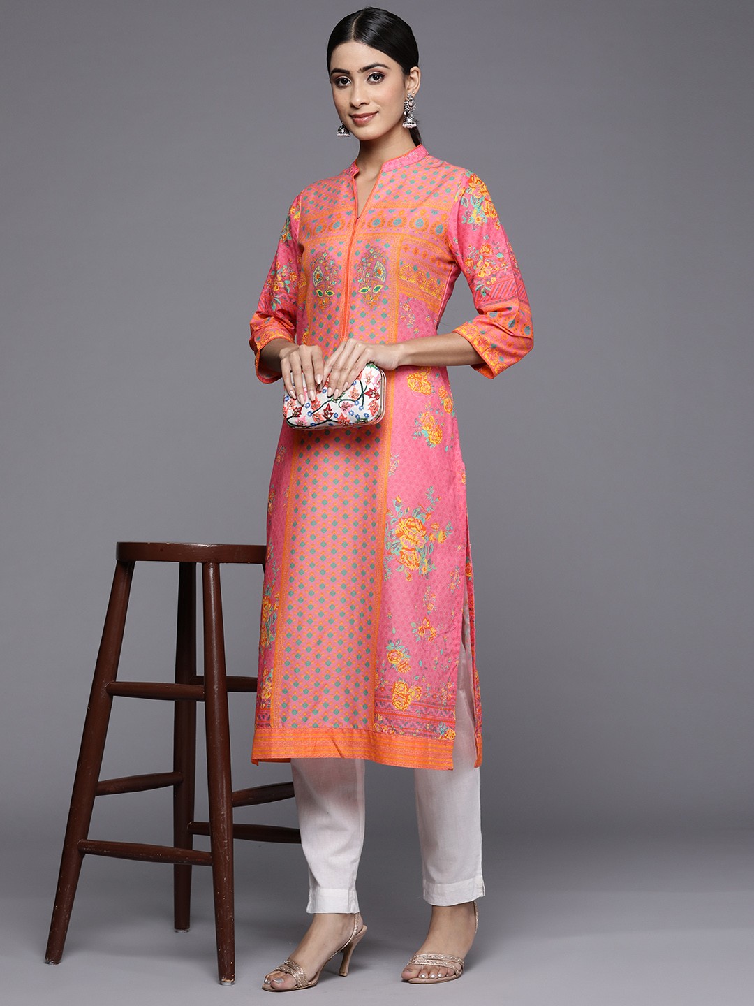 

Biba Women Pink & Orange Pure Cotton Ethnic Motifs Print Straight Kurta