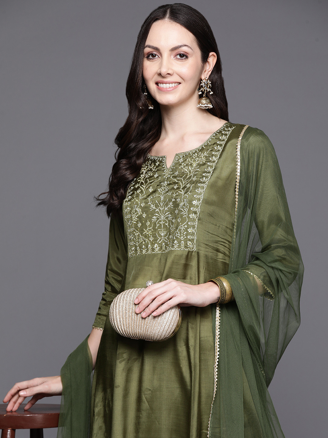 

Biba Women Floral Embroidered Pleated Gotta Patti Kurta with Trousers & Dupatta, Green