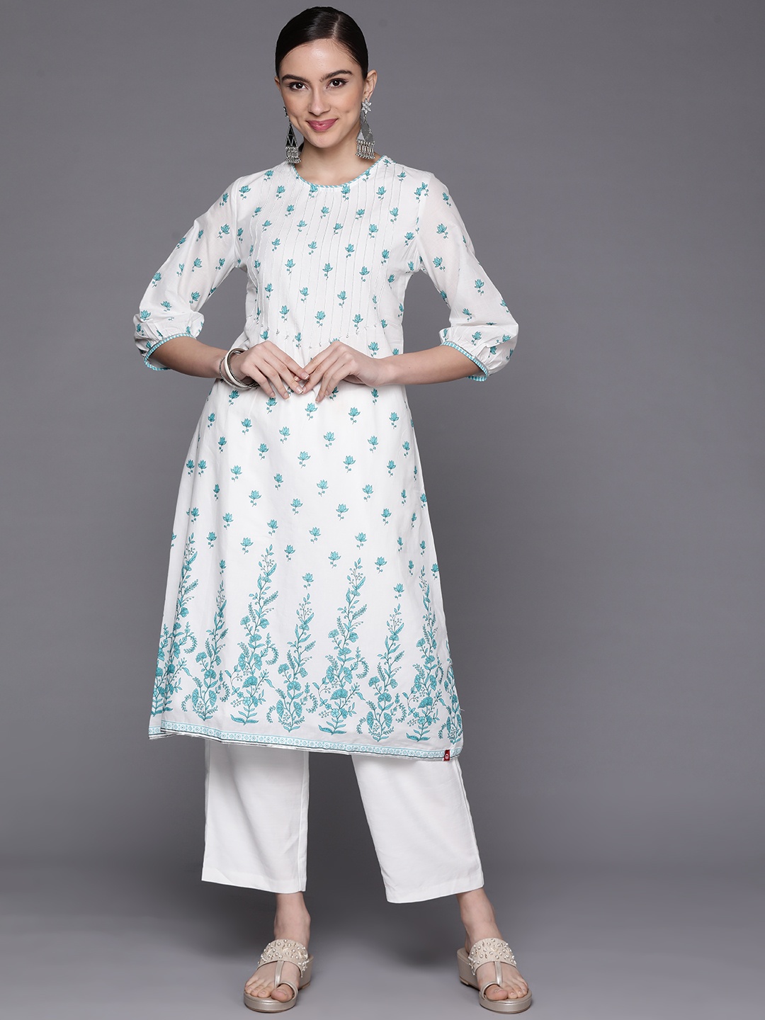 

Biba Women White & Blue Ethnic Motifs Printed Cotton Kurta