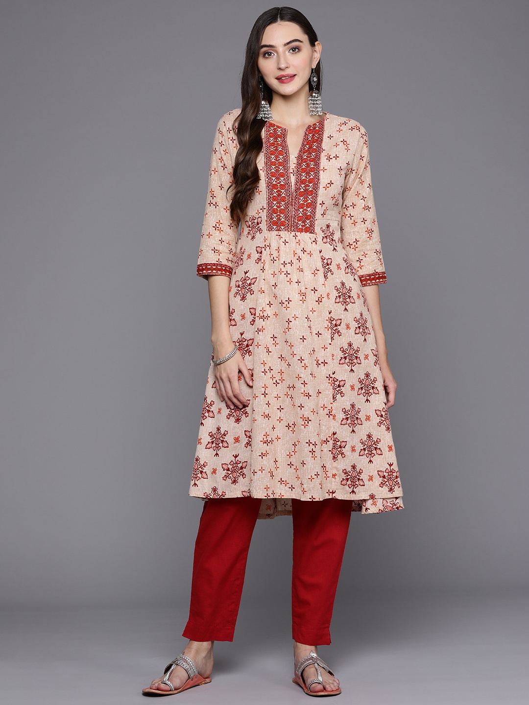 

Biba Women Cotton Linen Ethnic Motifs Printed A-Line Kurta, Beige