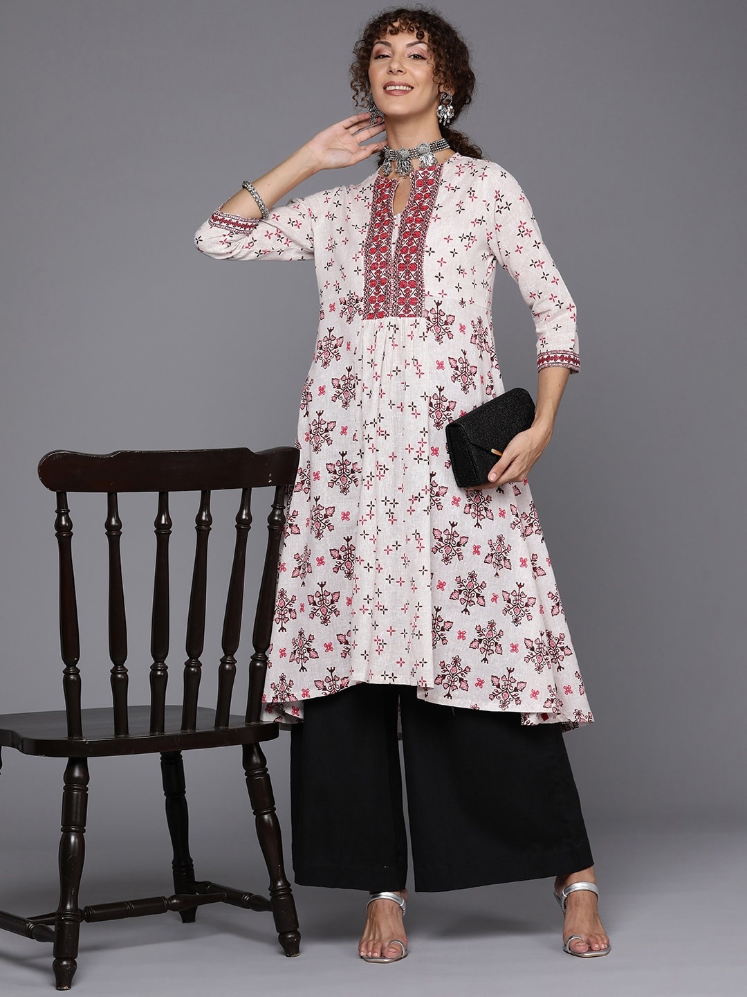 

Biba Women Cotton Linen Ethnic Motifs Printed A-Line Kurta, White