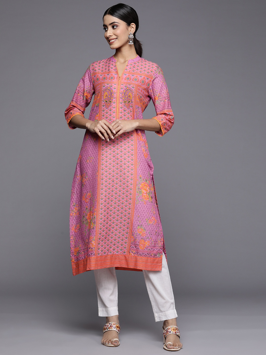 

Biba Women Purple & Orange Pure Cotton Ethnic Motifs Print Straight Kurta
