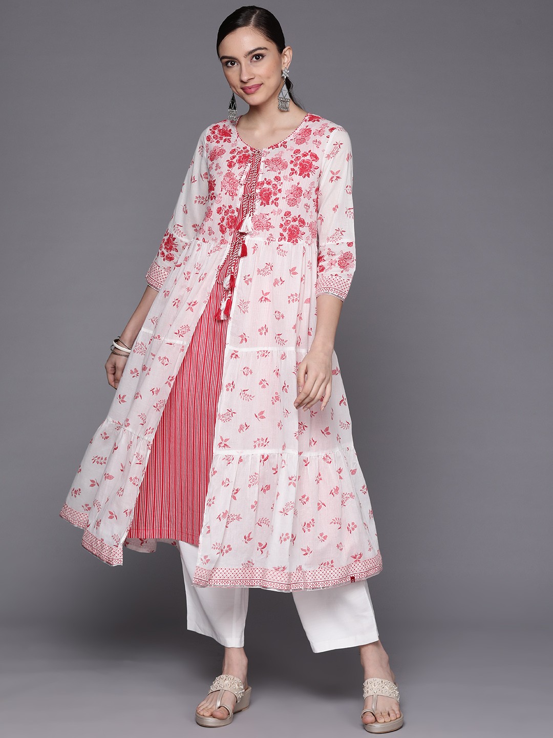 

Biba Women White & Red Striped Kurta