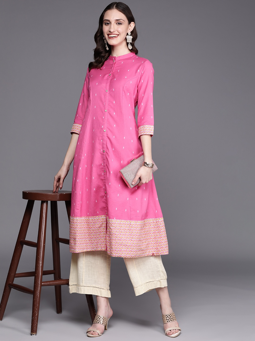 

Biba Women Pink Cotton Linen Geometric Printed A-Line Kurta