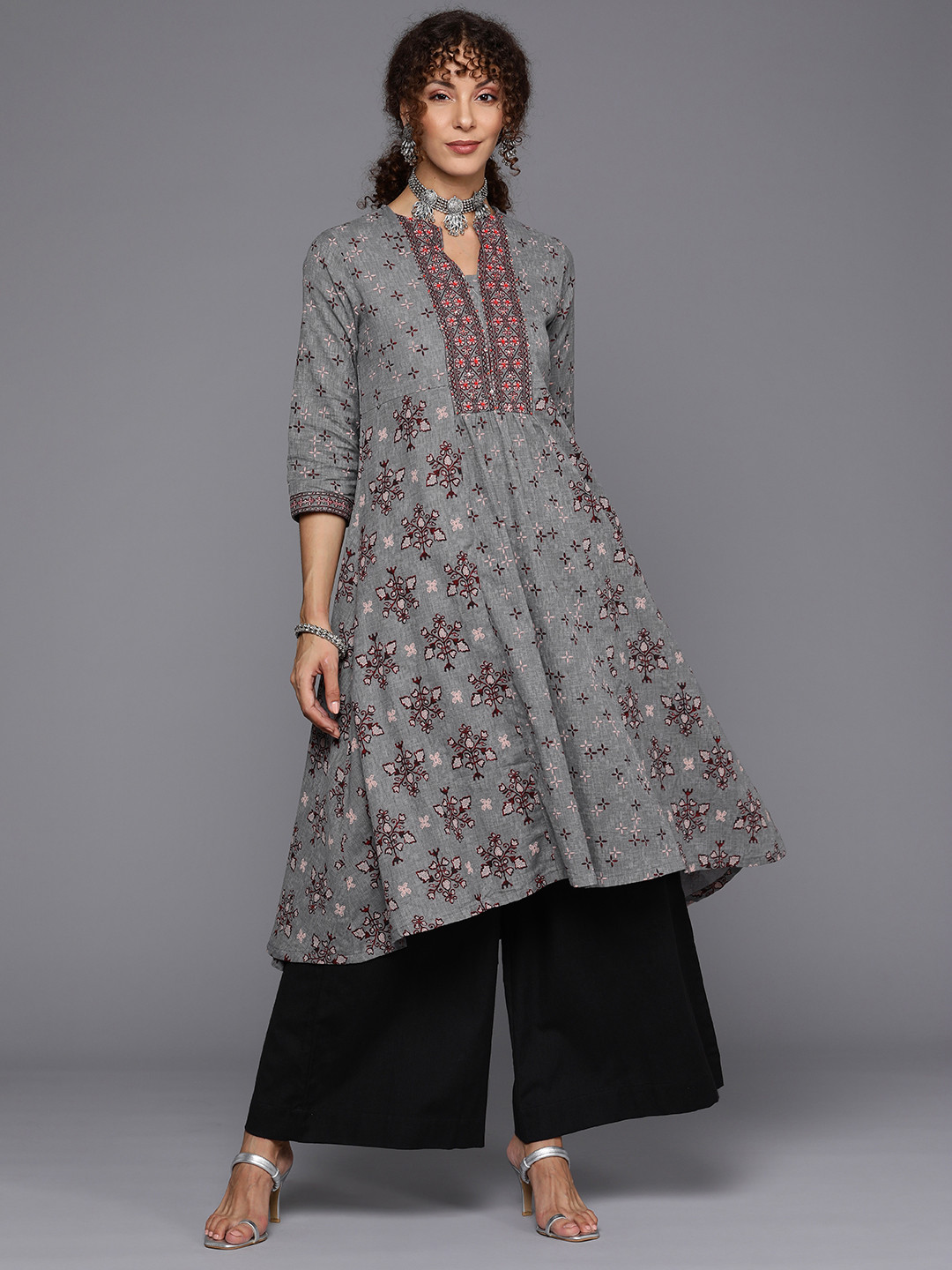 

Biba Women Cotton Linen Ethnic Motifs Printed A-Line Kurta, Grey