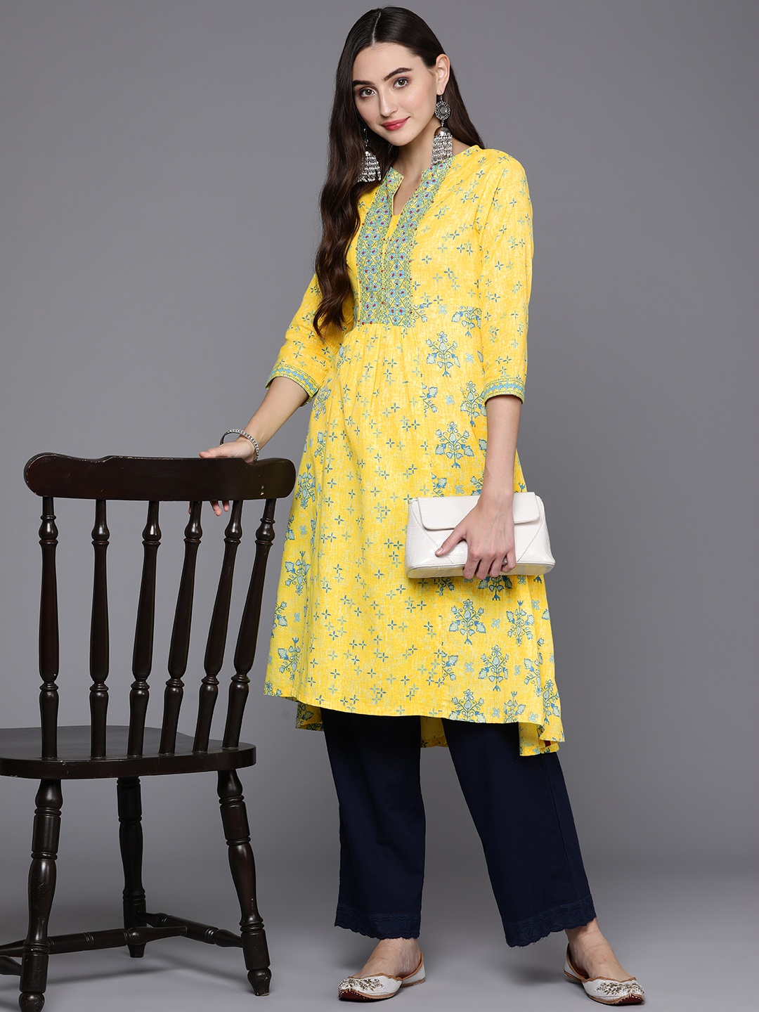 

Biba Women Yellow & Blue Ethnic Motifs Printed Kurta