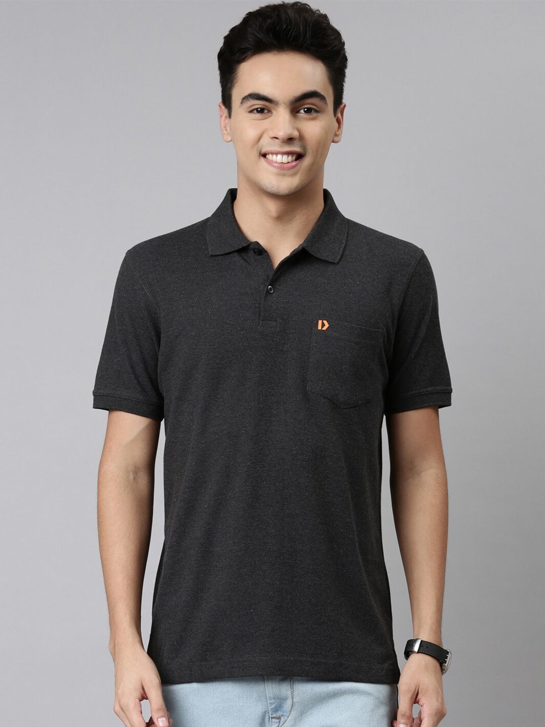 

DIXCY SCOTT Men Charcoal Grey Cotton Polo Collar T-shirt