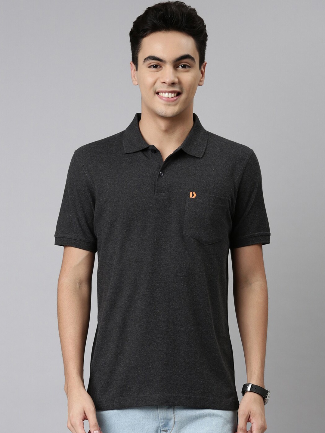 

DIXCY SCOTT Men Charcoal Melange Cotton Polo Collar T-shirt