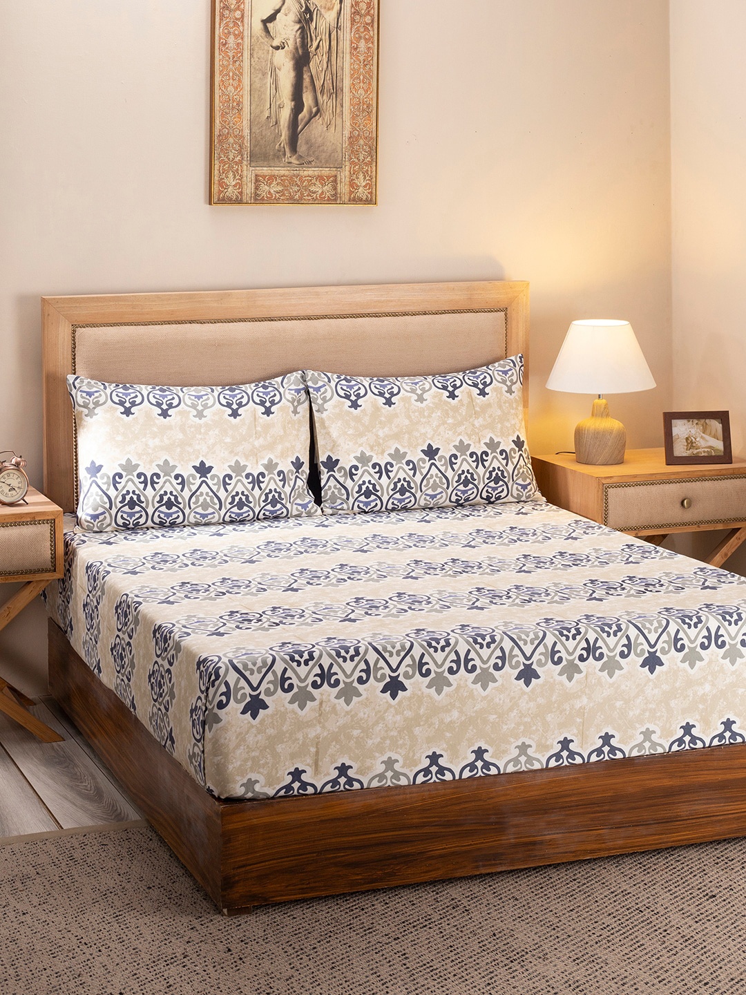 

MASPAR Unisex Cotton Blue Print King Bed Sheet With 2 Pillow Covers