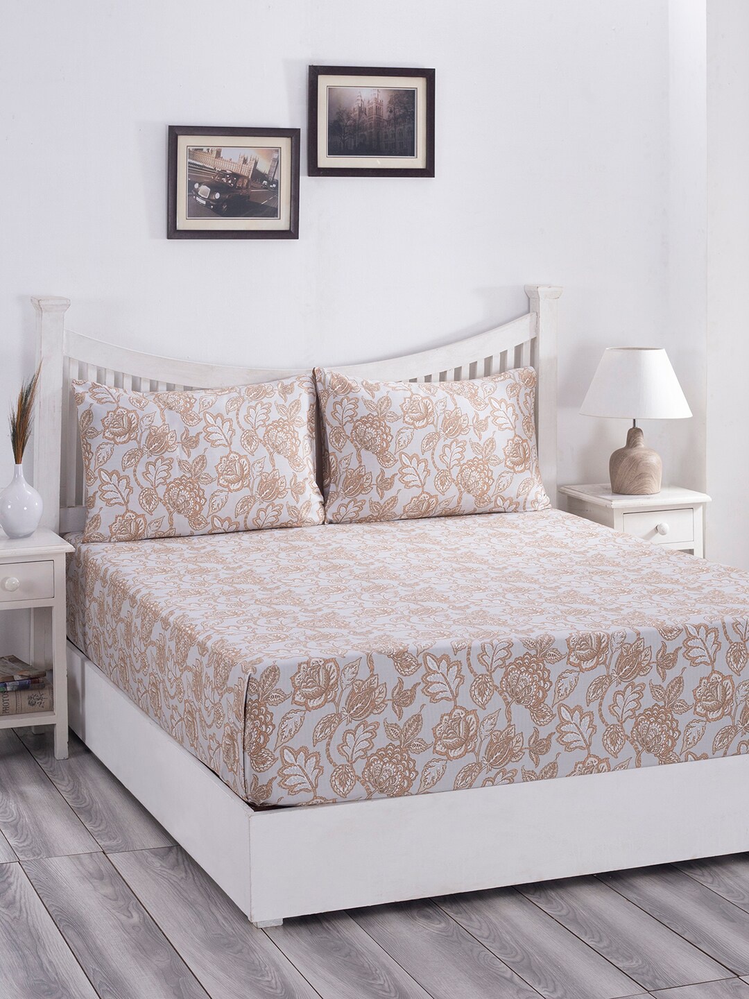 

MASPAR Beige & Grey Floral 210 TC Queen Bedsheet with 2 Pillow Covers