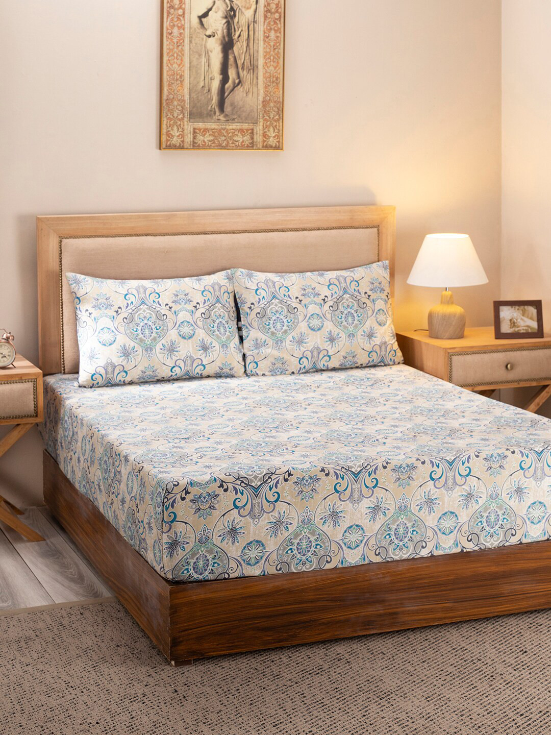 

MASPAR Unisex Blue 300 TC Cotton Print Double Bed Sheet With 2 Pillow Covers