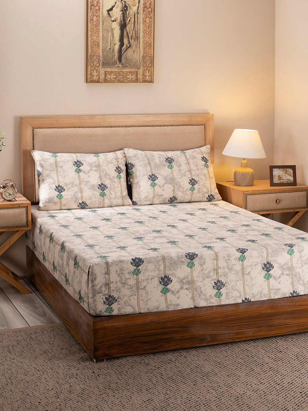 

MASPAR Blue & Green Floral 300 TC Queen Bedsheet with 2 Pillow Covers