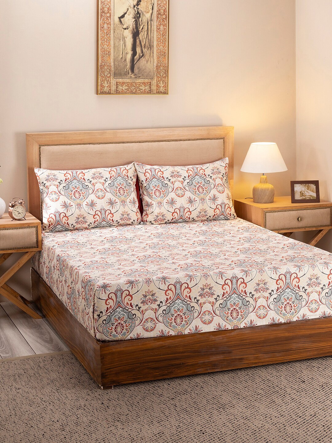 

MASPAR Beige & Grey Printed 300 TC Queen Cotton Bedsheet with 2 Pillow Covers