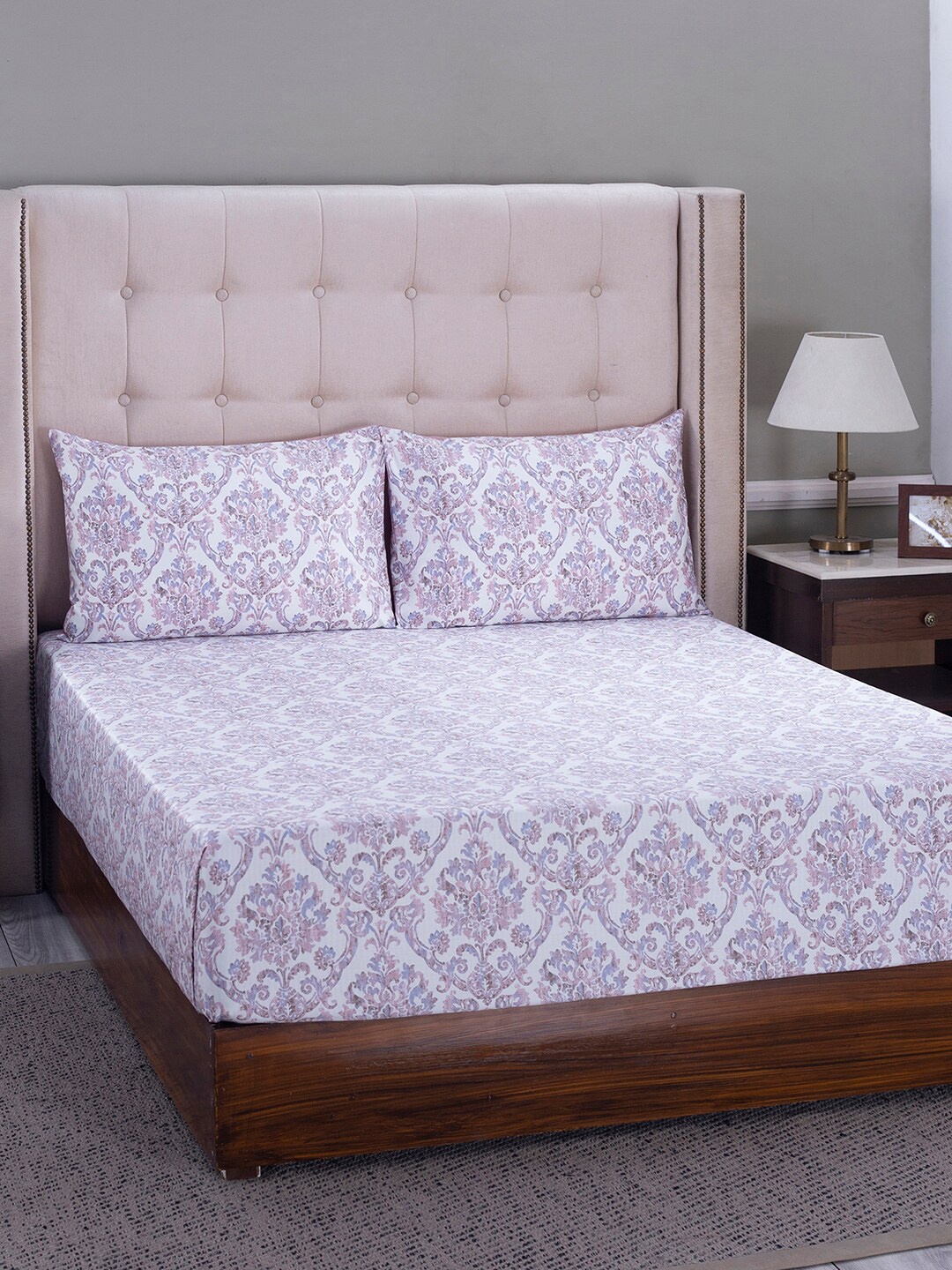 

MASPAR Purple & White Floral 400 TC King Bedsheet with 2 Pillow Covers