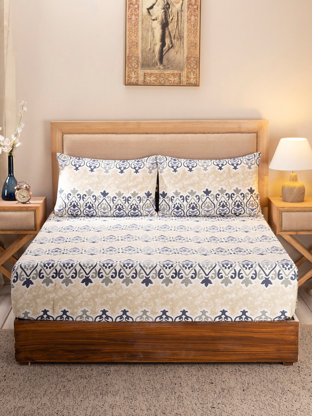 

MASPAR Blue & Grey Floral 300 TC Queen Bedsheet with 2 Pillow Covers