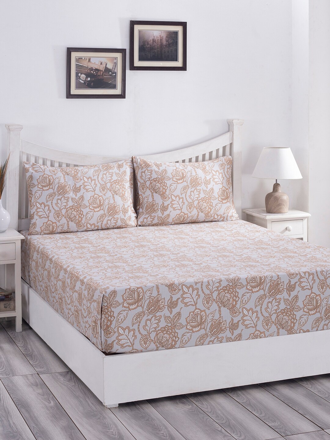 

MASPAR Beige & Brown Floral 210 TC King Bedsheet with 2 Pillow Covers