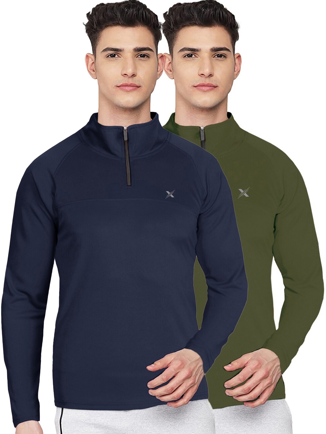 

FTX Men Navy Blue & Olive Green Set Of 2 Mandarin Collar T-shirt