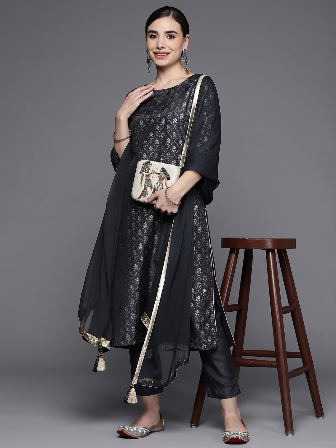 

Biba Women Charcoal Ethnic Motifs Printed Kurta with Trousers & Dupatta