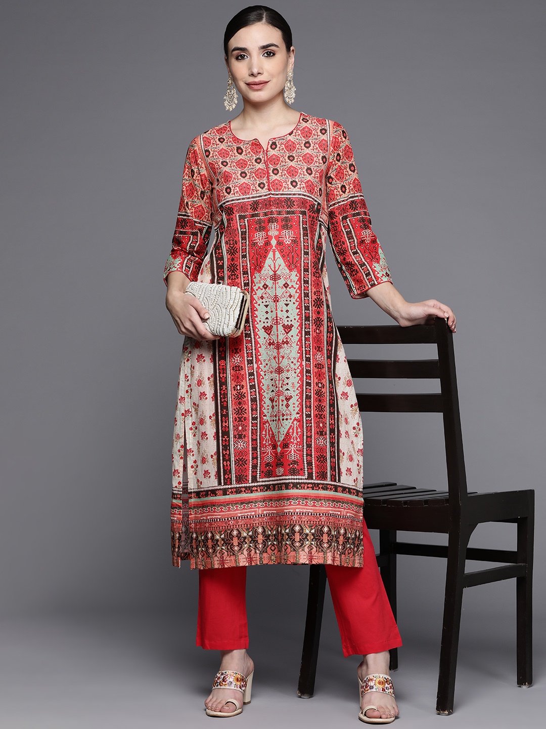 

Biba Women Red & Beige Ethnic Motifs Printed Pure Cotton Kurta With Trousers