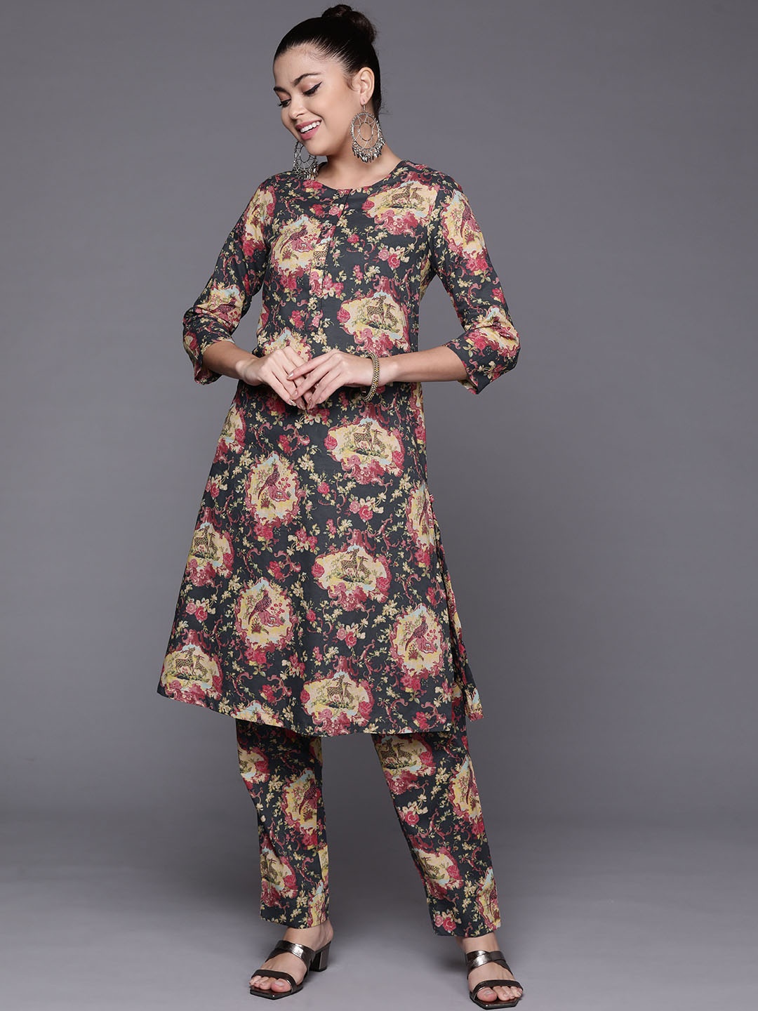 

Biba Women Navy Blue Floral Printed Pure Cotton Kurta with Trousers