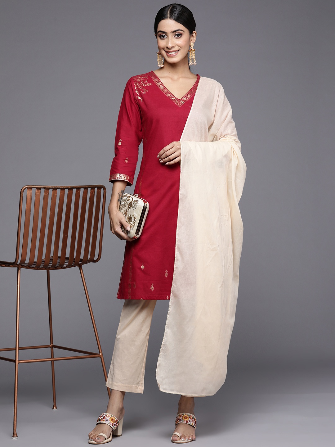 

Biba Women Ethnic Motifs Printed Pure Cotton Kurta with Palazzos & Dupatta, Red