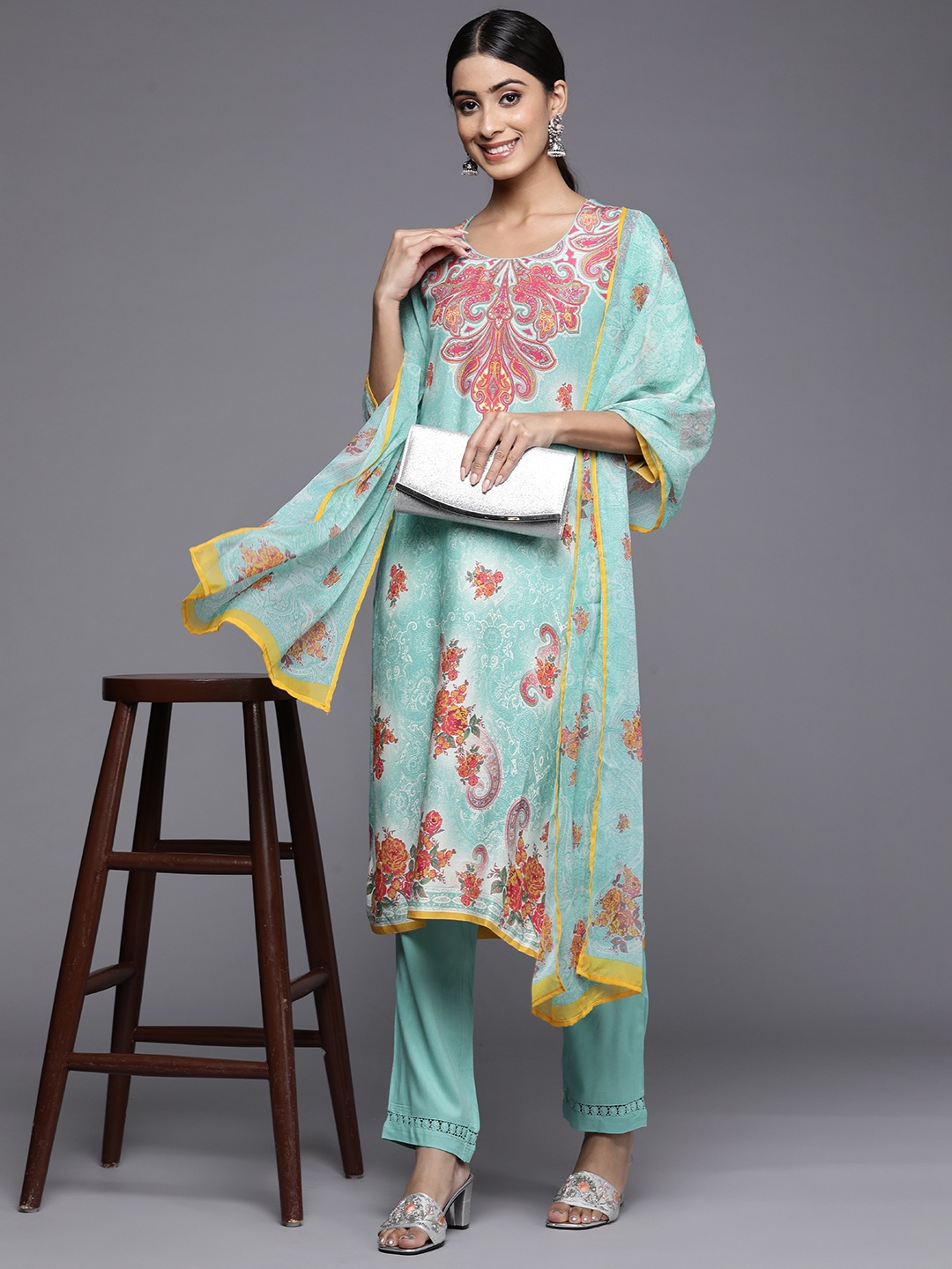 

Biba Women Blue Paisley Printed Kurta with Trousers & With Dupatta