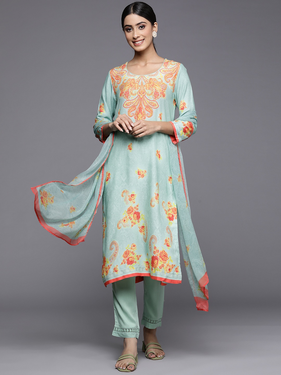 

Biba Women Green Paisley Printed Kurta with Trousers & With Dupatta