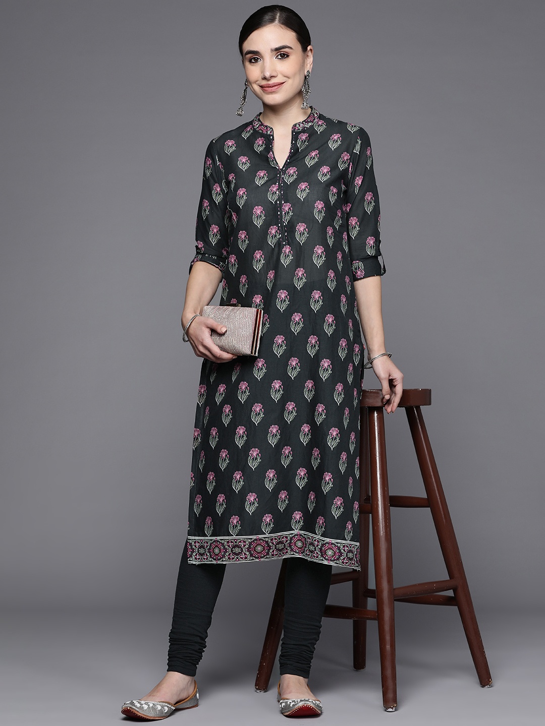 

Biba Women Black Floral Printed Pure Cotton Kurta With Leggings