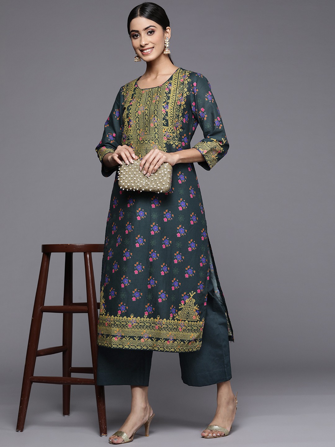 

Biba Women Green Pure Cotton Floral Printed Kurta with Palazzos