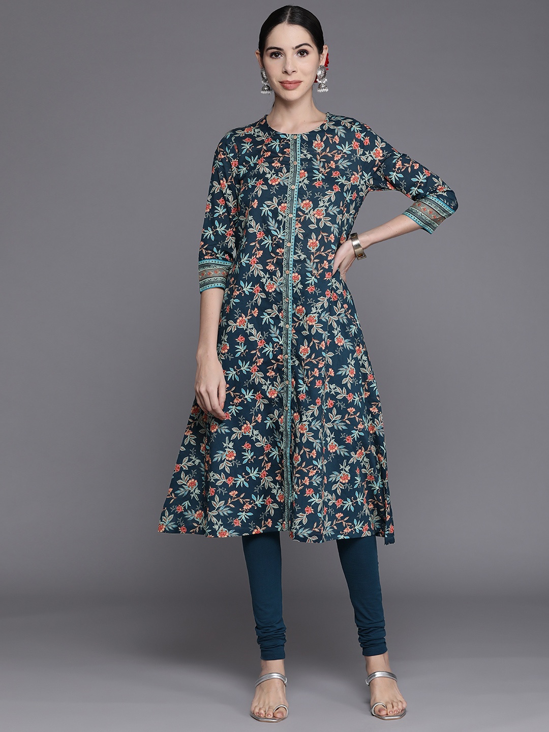 

Biba Women Teal Blue Floral Printed Kurta with Leggings
