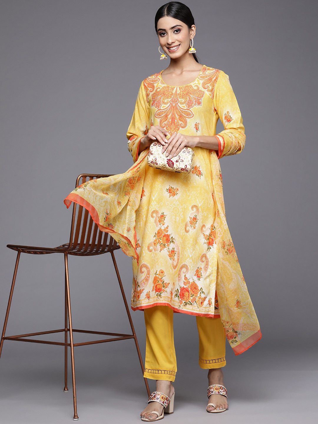 

Biba Women Yellow Paisley Printed Kurta with Trousers & With Dupatta