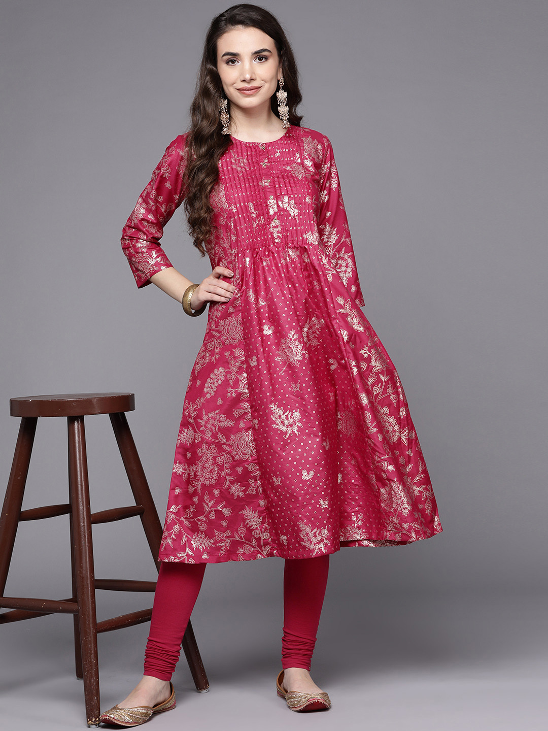 

Biba Women Fuchsia & Gold-Toned Floral Printed Pleated A-Line Kurta Set