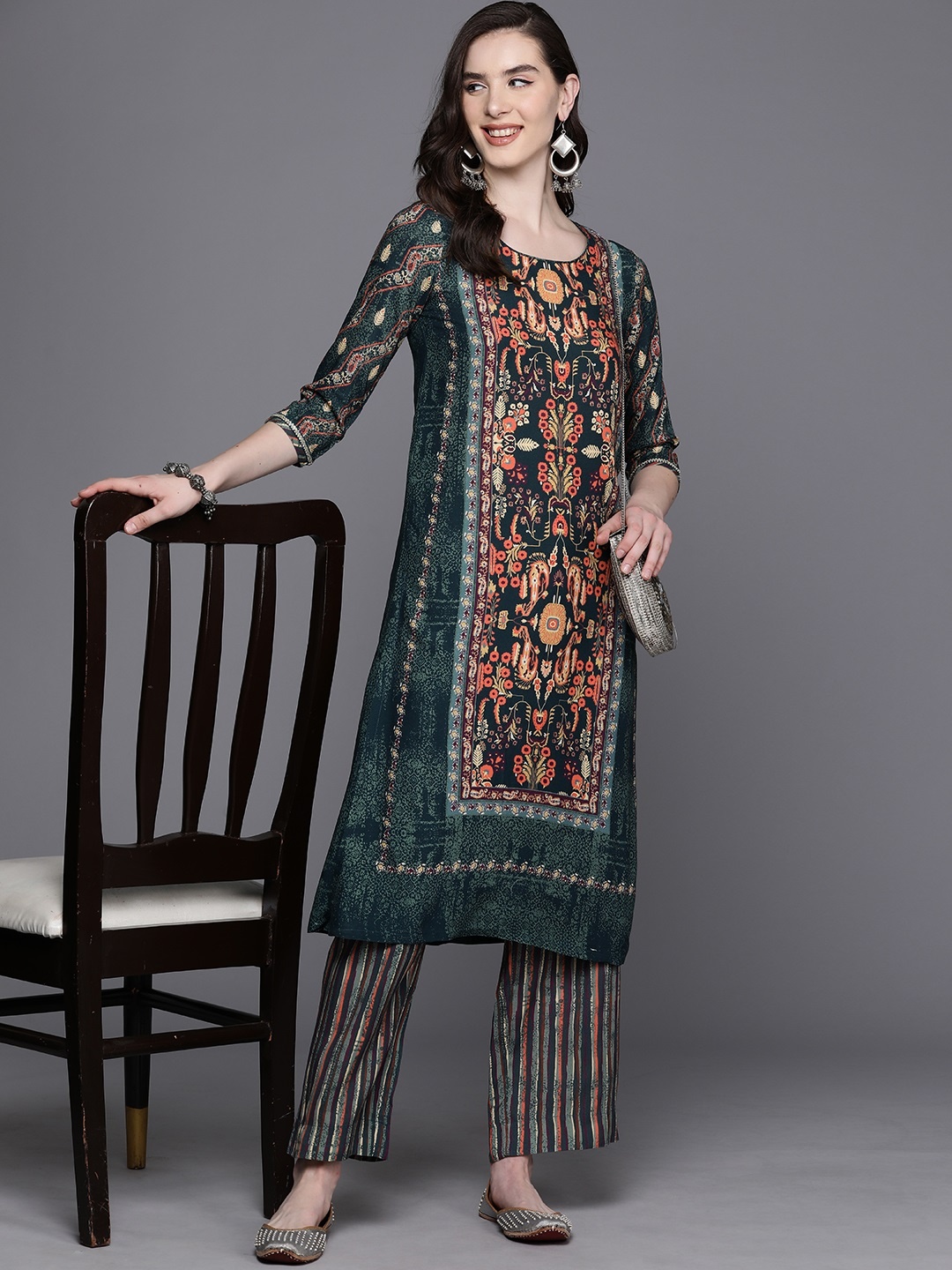 

Biba Ethnic Motifs Printed Straight Kurta With Trousers, Green