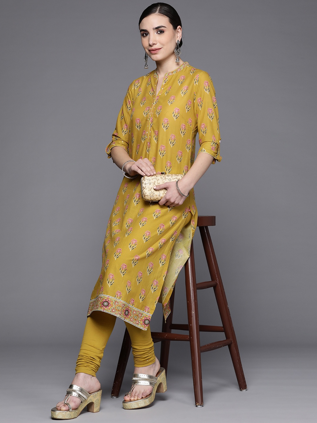 

Biba Women Mustard Yellow & Pink Pure Cotton Ethnic Motifs Printed Kurta with Leggings
