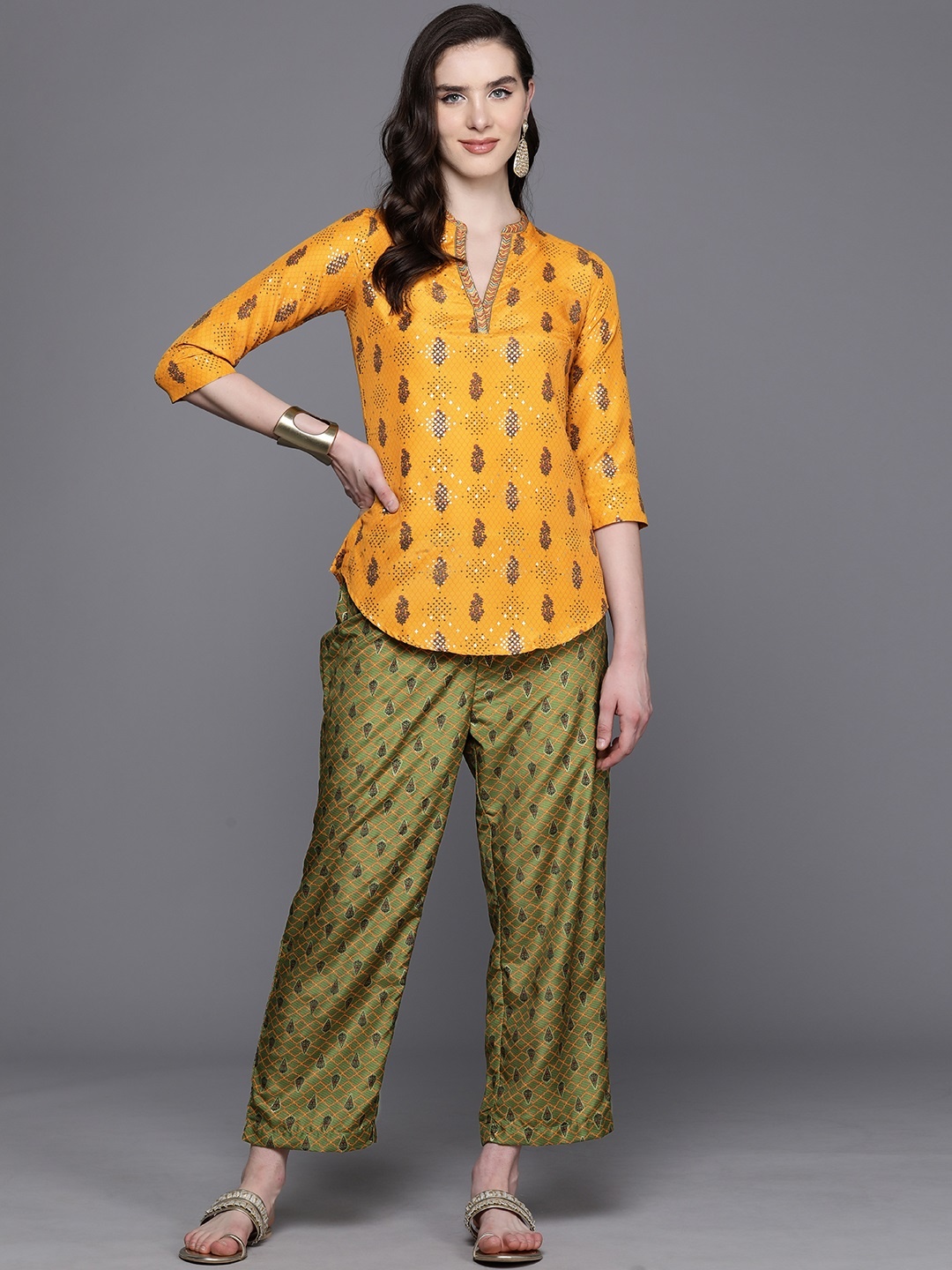 

Biba Ethnic Motifs Print Kurti With Palazzos, Mustard