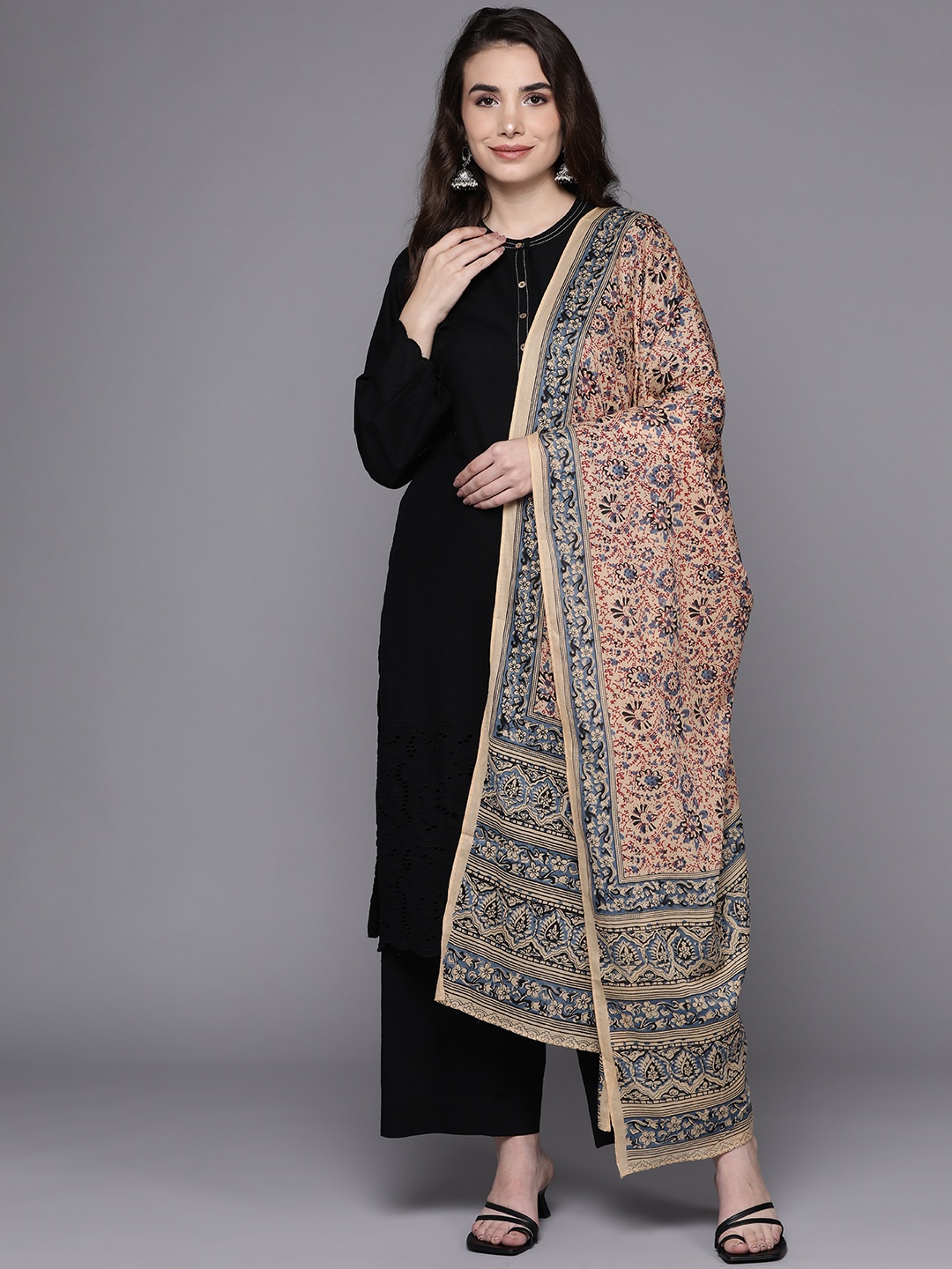 

Biba Women Black Floral Schiffli Embroidered Pure Cotton Kurta with Palazzo & Dupatta