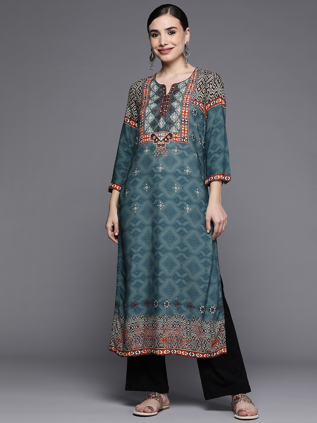 

Biba Women Teal Blue Ethnic Motifs Printed Kurta