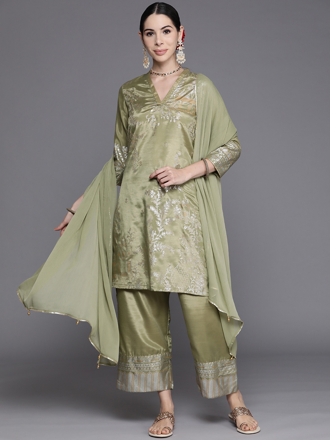 

Biba Women Green & Silver Ethnic Motifs Printed Kurta with Palazzos & Dupatta